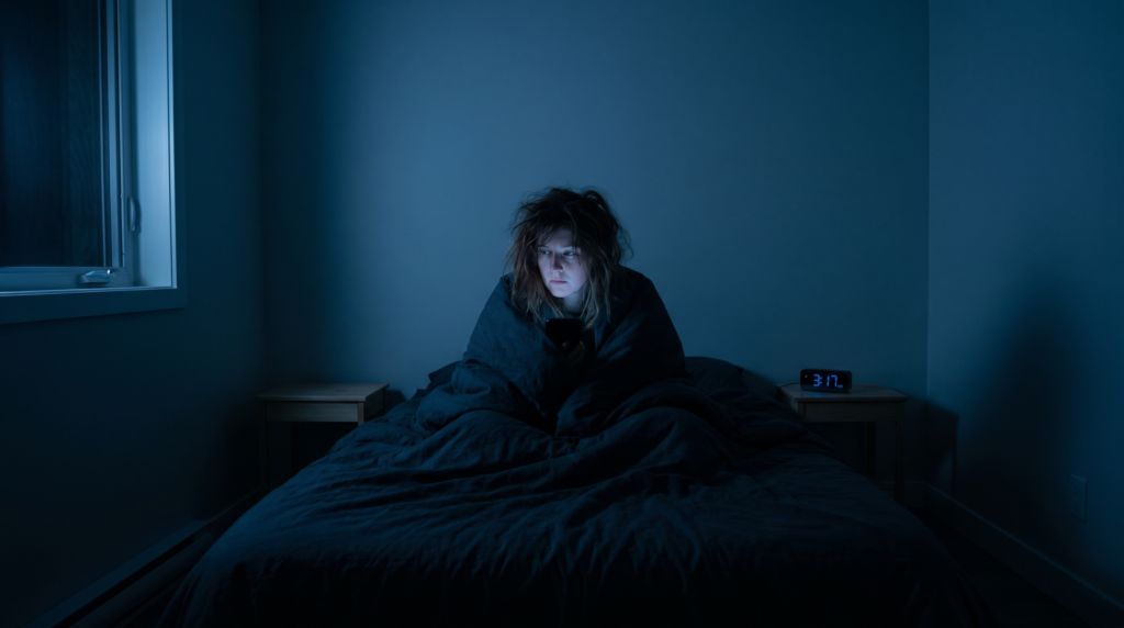 Pessoa acordada na cama à noite com insônia e pensamentos