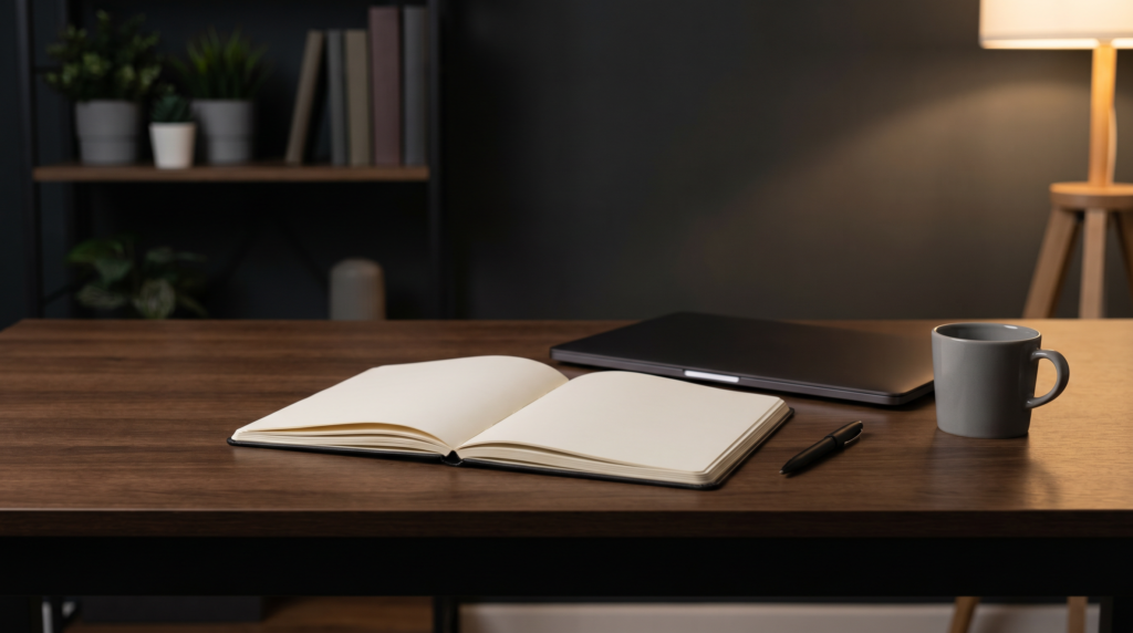Mesa organizada com caderno e sistema limpo de anotações