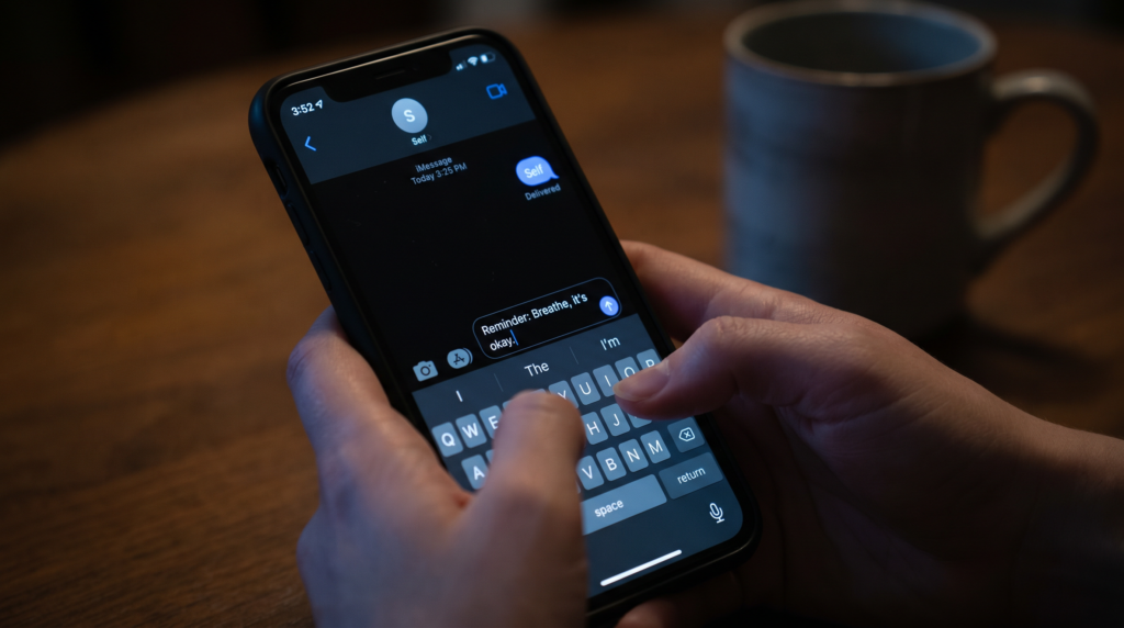 Mãos digitando mensagem para si mesmo no celular