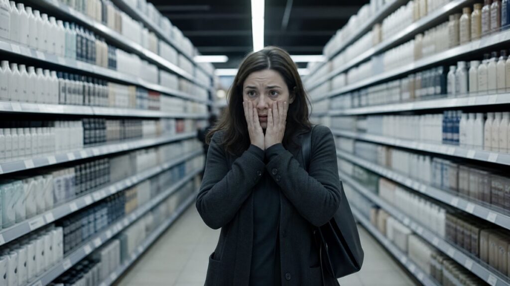 Pessoa paralisada em corredor de supermercado com muitas opções nas prateleiras, expressão de sobrecarga cognitiva — paralisia por análise