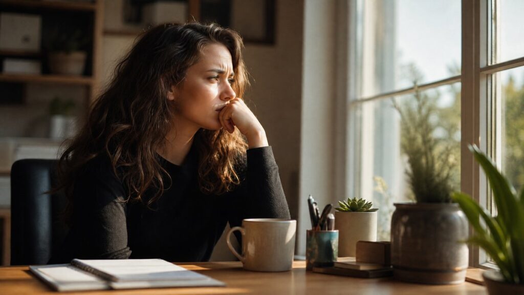 Pessoa sentada à mesa com café, olhando pela janela com expressão conflitada e culpada, incapaz de aproveitar um momento de paz — merecimento emocional