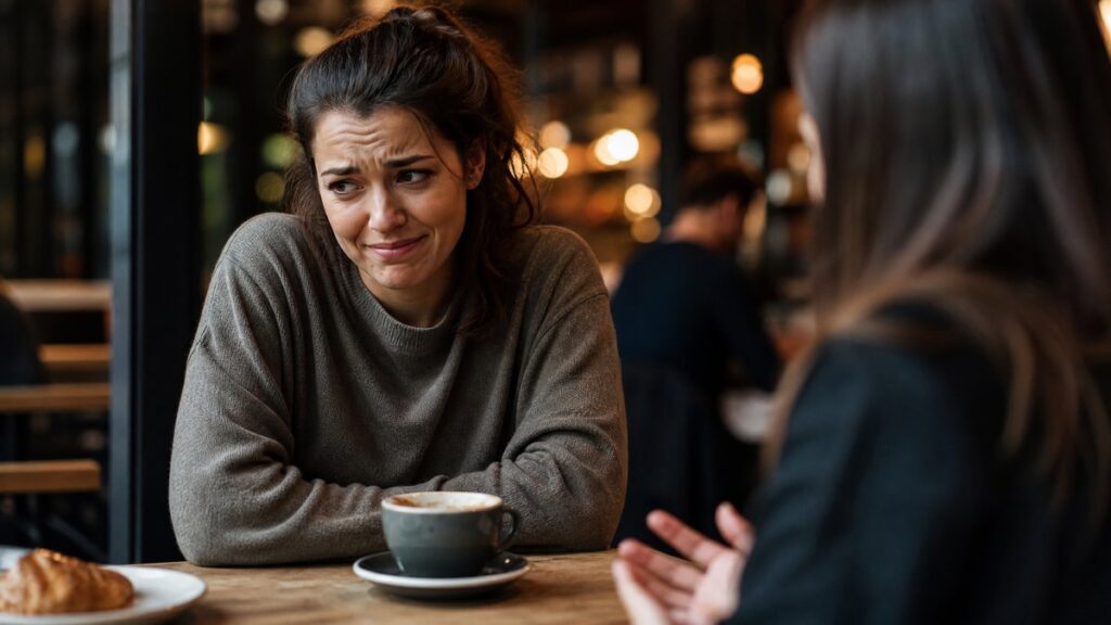 Pessoa em um café com expressão tensa e desconfortável, incapaz de recusar um pedido, demonstrando a dificuldade de dizer não sem culpa