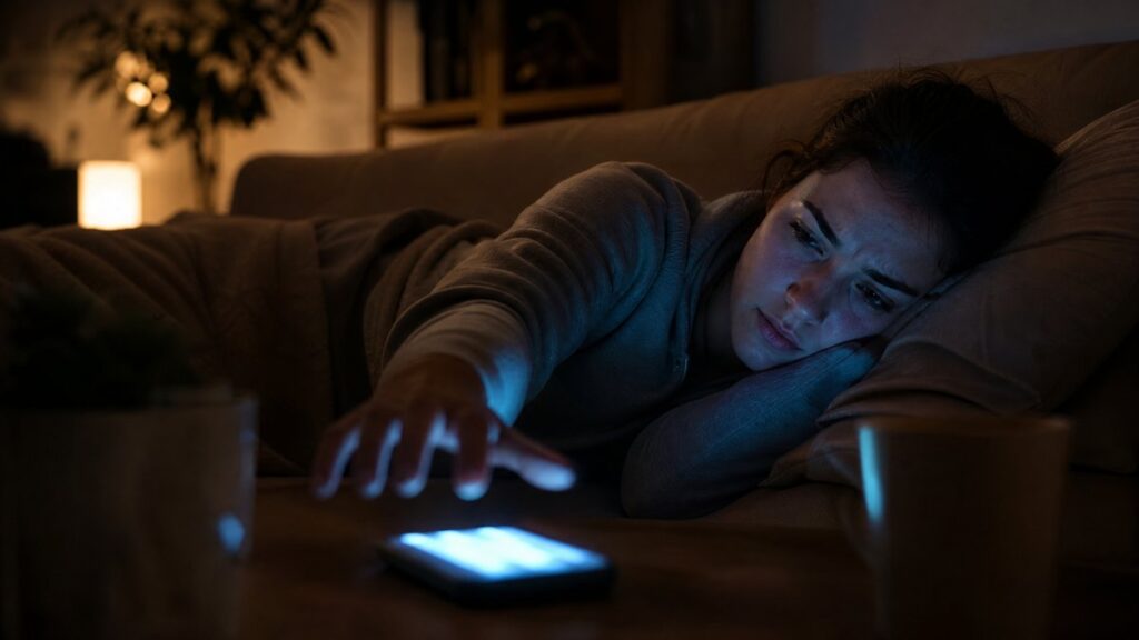 Pessoa deitada no sofá tentando descansar, mas a mão alcança compulsivamente o celular brilhante na mesa de centro