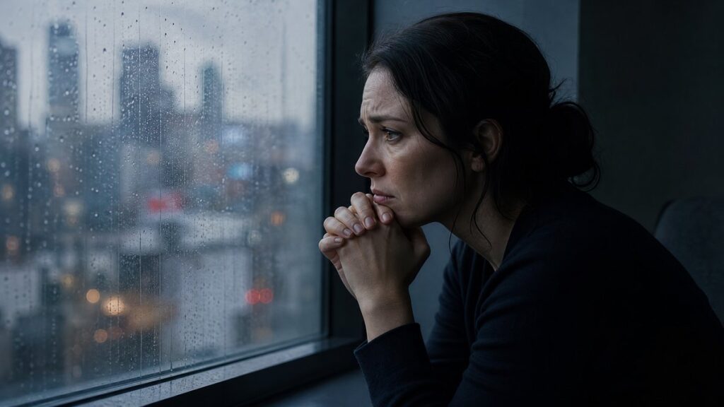 Pessoa sentada junto a uma janela com chuva, olhando para o horizonte com expressão de preocupação e ansiedade sobre o futuro