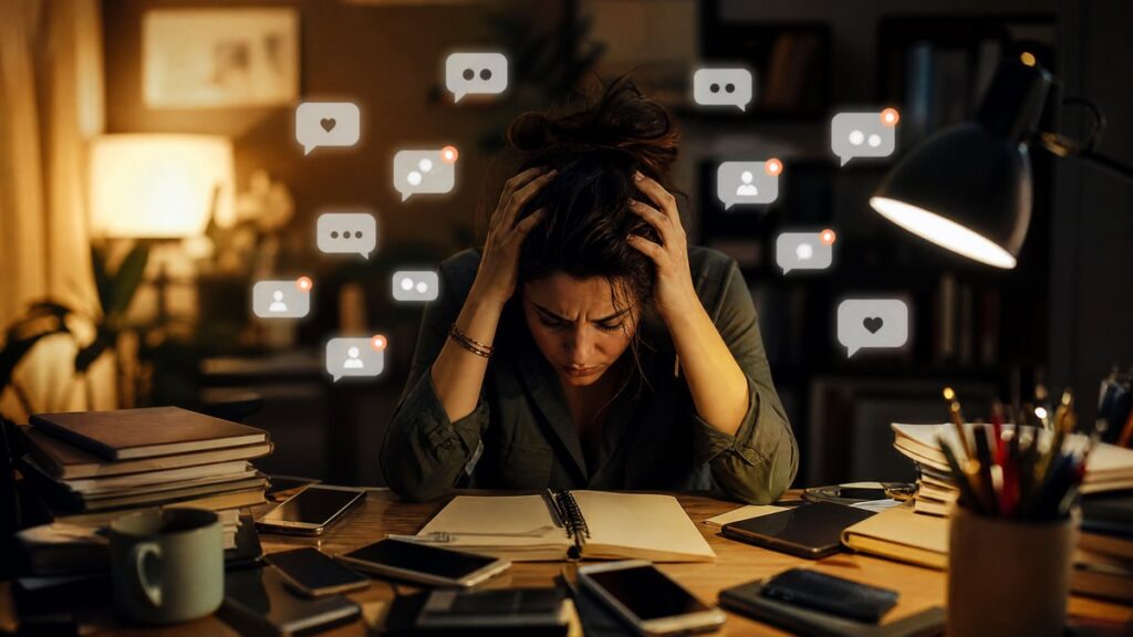 Pessoa sentada à mesa com múltiplos celulares e cadernos, sobrecarregada e exausta, com notificações ao redor — hiperresponsabilidade emocional e custo de resolver os problemas de todos