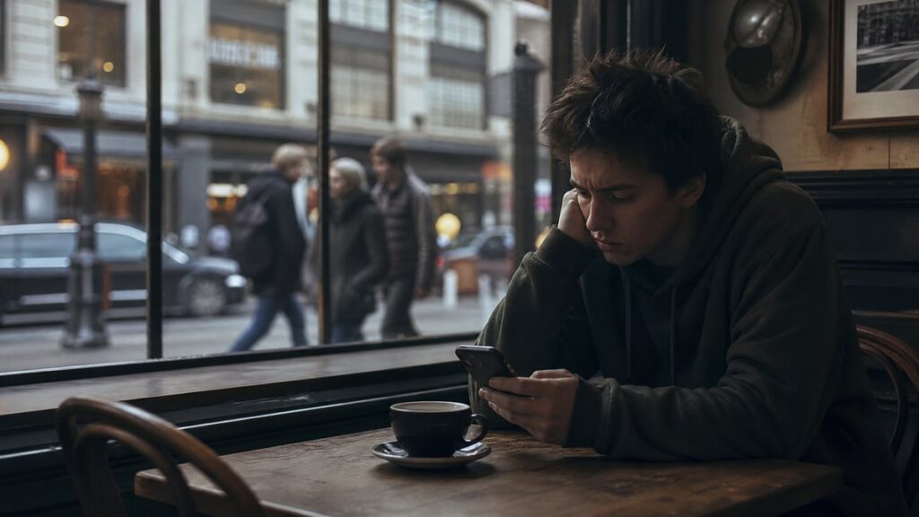 Jovem sozinho em um café olhando para o celular com expressão de tristeza e ansiedade, enquanto a vida passa pela janela