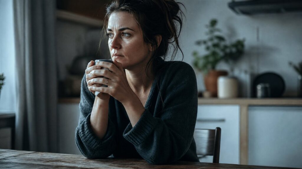 Pessoa sentada à mesa da cozinha segurando uma caneca de café com as duas mãos, olhando para o horizonte com expressão tensa e exausta — hipervigilância e estresse crônico